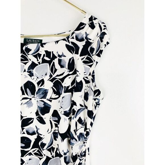 CURRENT Season Ralph Lauren Floral Dress Side Ruched Navy Grey Size 10 - Picture 3 of 8